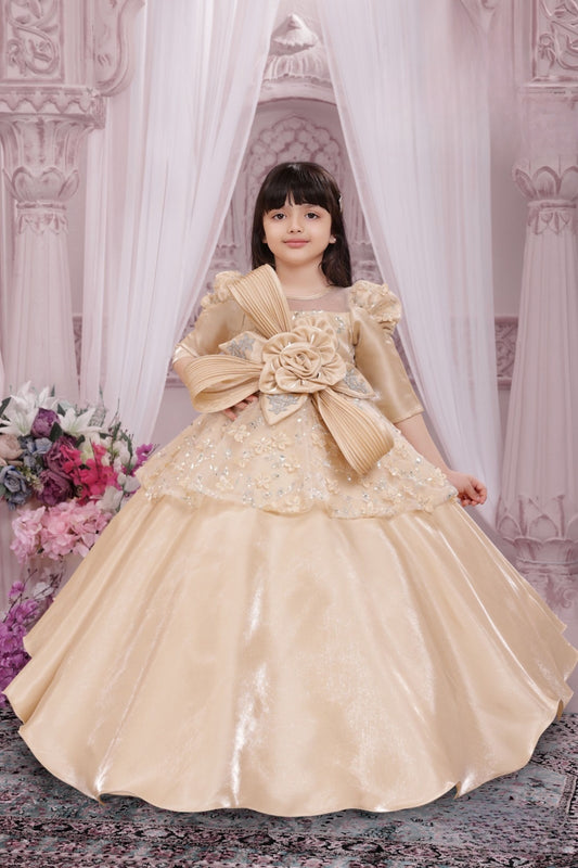 Champagne Gold Princess Ball Gown with Floral Bow | Party Dress for Girls