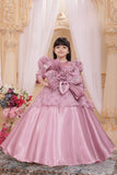 Blush Pink Princess Ball Gown with Floral Bow | Party Wear Dress for Girls