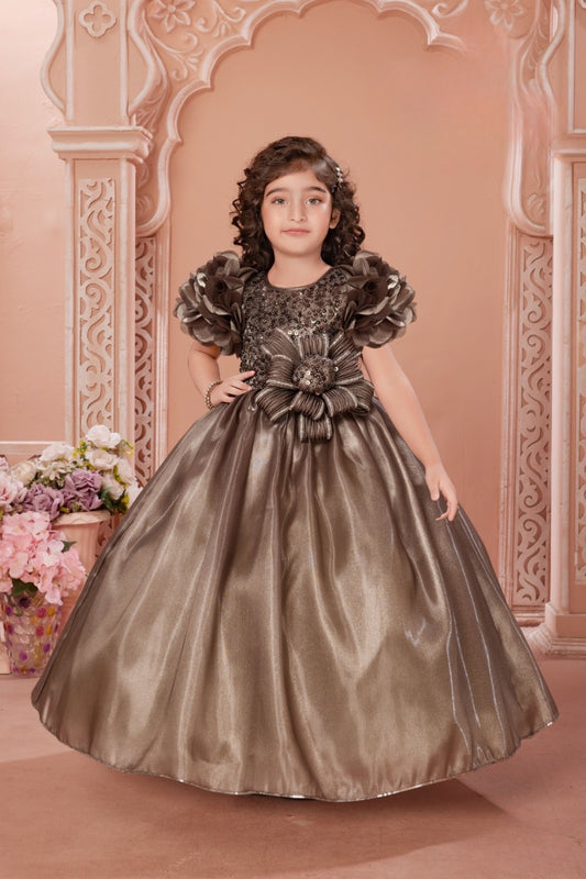 Princess Mehandi Ball Gown with Sequin Floral Bow | Party Wear Dress for Girls