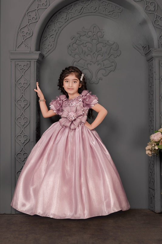 Dusty Rose Princess Ball Gown with Sequin Floral Bow | Party Wear Dress for Girls