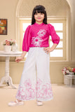 Hot Pink Embroidered Top with White Floral Palazzo | Casual Kids Co-Ord Outfit for Girls