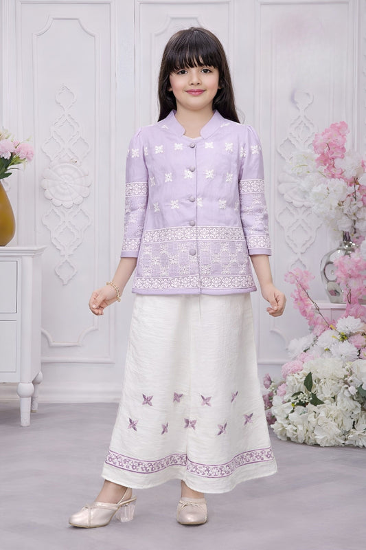 Purple Embroidered Kurta with Ivory Palazzo Set | Kids Western Wear Outfit for Girls
