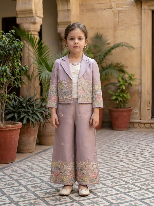 Purple Embroidered Jacket Co-Ord Set with Top & Palazzo | Kids Western Wear Outfit for Girls