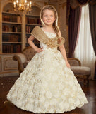 Ivory Gold 3D Floral Couture Ball Gown with Statement Bow | Party Wear Dress for Girls