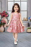 Rose Wine Floral Layered Short Frock with Belt | Casual Wear Kids Dress for Girls