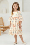 Cream Pastel Floral Ruffle Short Frock with Waist Tie | Casual Wear Kids Dress for Girls