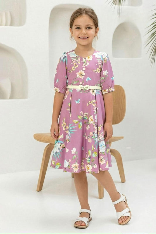 Lavender Floral Fit & Flare Short Frock with Belt | Casual Wear Kids Dress for Girls