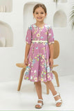 Lavender Floral Fit & Flare Short Frock with Belt | Casual Wear Kids Dress for Girls