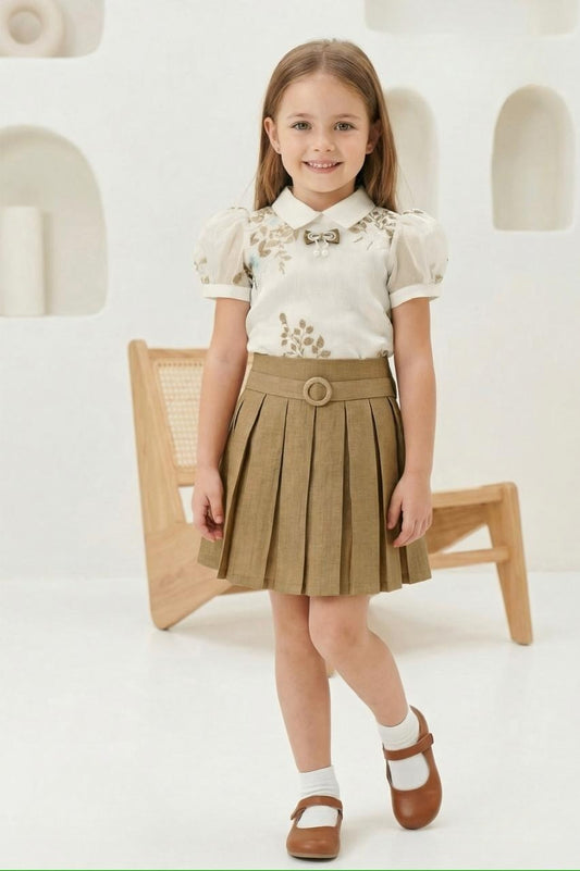 Beige Embroidered Top with Brown Pleated Skirt Set | Casual Wear Kids Outfit for Girls