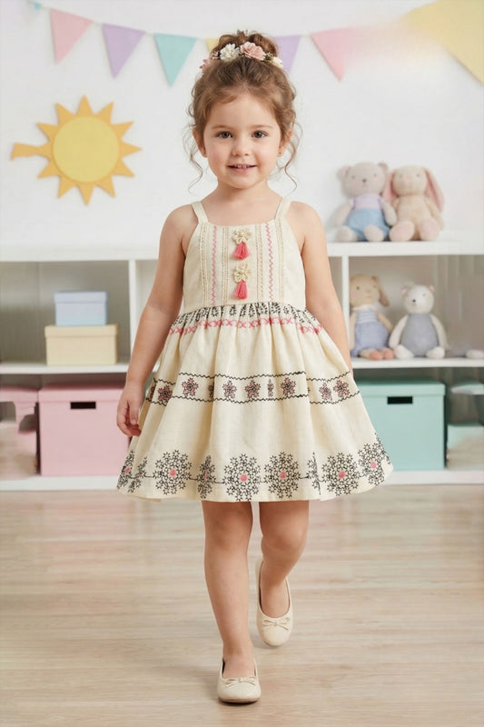 Beige Embroidered Tassel One Piece Frock | Western Dress for Girls