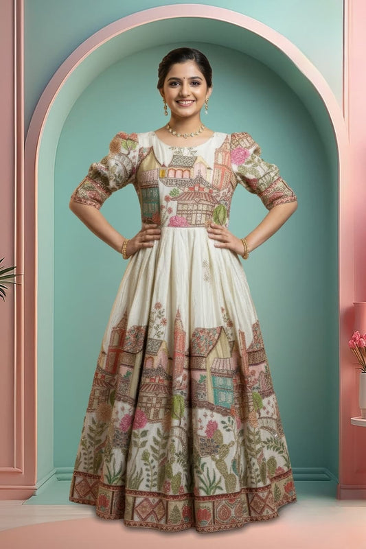Cream Multi-Print Designer Gown | Festive Ethnic Anarkali Dress for Girls
