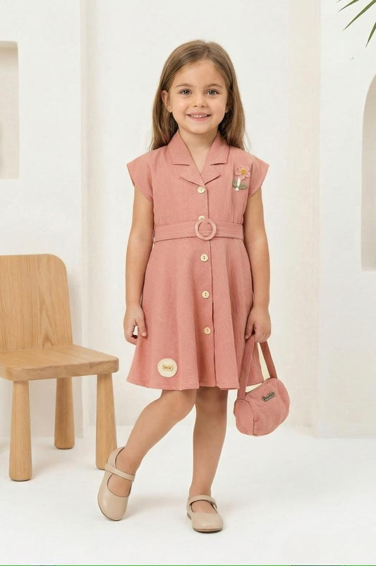 Dusty Pink Belted Elegant Casual Kids Dress | Party Wear Frock For Girls