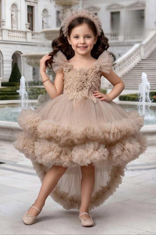 Girls Champagne Beige High-Low Ruffle Party Short Frock | Party Wear Dress For Kids