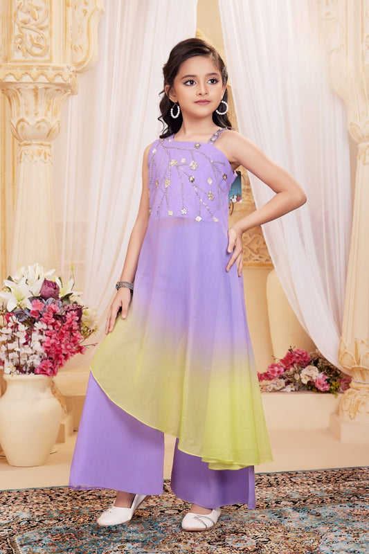 Girls Purple Ombre Designer Sharara Set with Embellished Top & Dupatta |Ethnic Wear for Kids