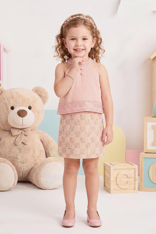 Blush Pink Halter Top with Printed Skirt | Western Wear For Kids