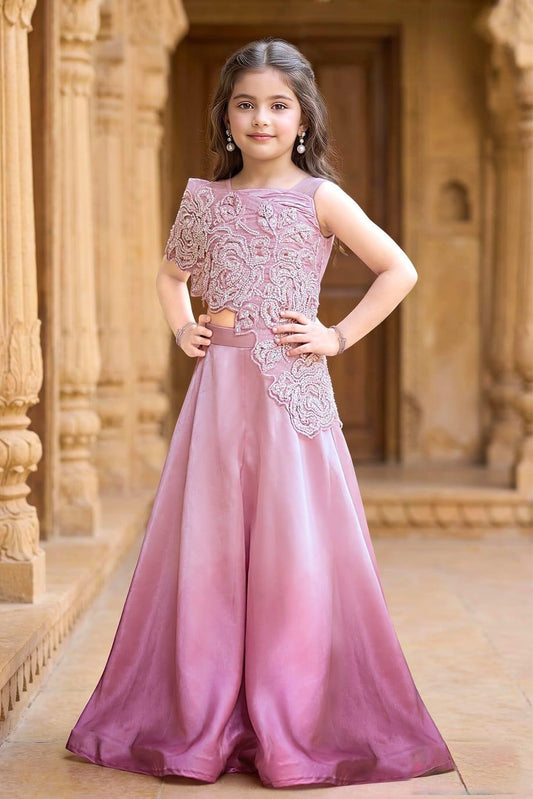 Blush Pink Embroidered Crop Top with Palazzo Pants | Ethnic Wear For Girls