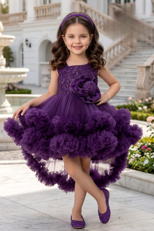 Girls Royal Violet Designer Ruffle Party Short Frock | Party Wear For Girls