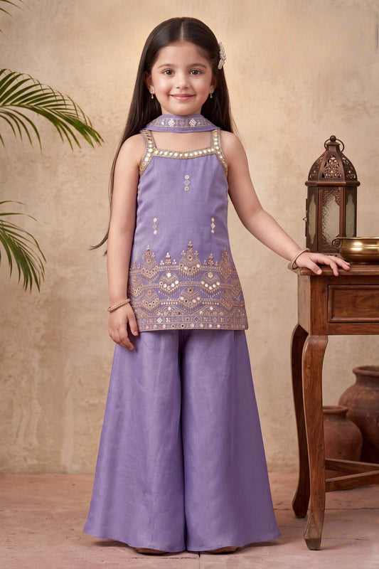 Lavender Embroidered Kurta with Palazzo & Dupatta Set | Ethnic Wear For Girls