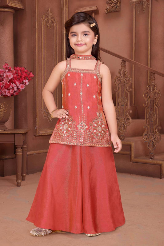 Rust Red Embroidered Kurta with Palazzo & Dupatta Set | Ethnic Wear For Girls