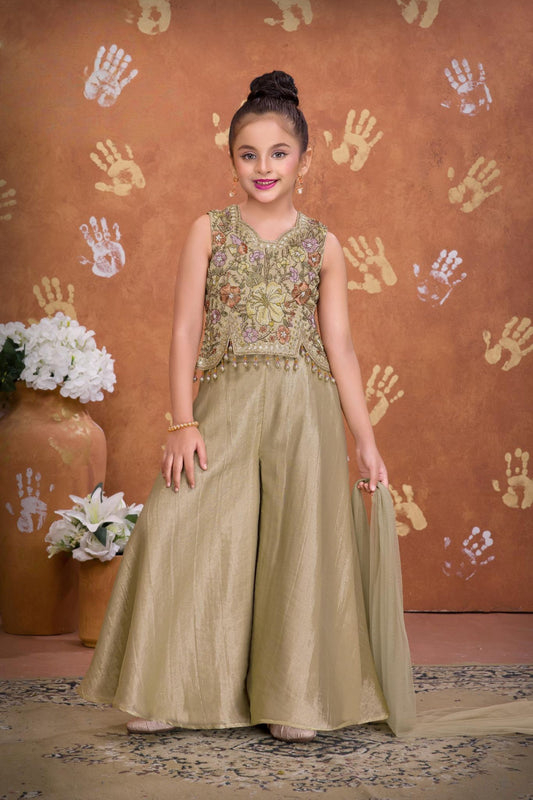 Golden Beige Floral Embroidered Peplum with Palazzo & Dupatta Set | Ethnic Wear For Girls