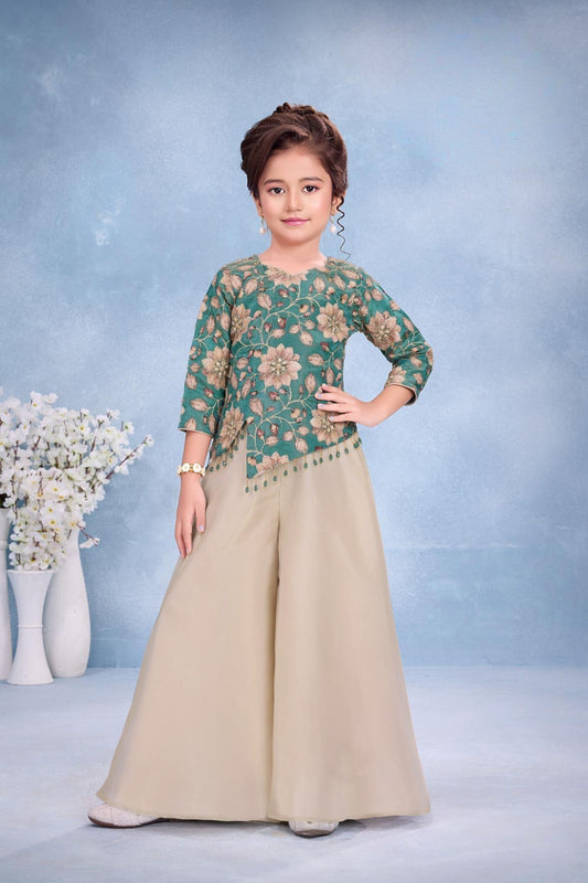 Teal Floral Embroidered Peplum Top with Beige Wide-Leg Palazzo Set | Ethnic Wear For Girls