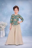 Teal Floral Embroidered Peplum Top with Beige Wide-Leg Palazzo Set | Ethnic Wear For Girls