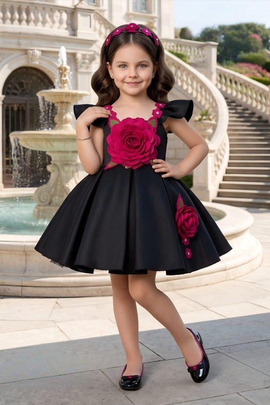 Black Floral AppliquƩ Fit & Flare Party Dress with Ruffle Sleeves | Party Wear Dress For Kids