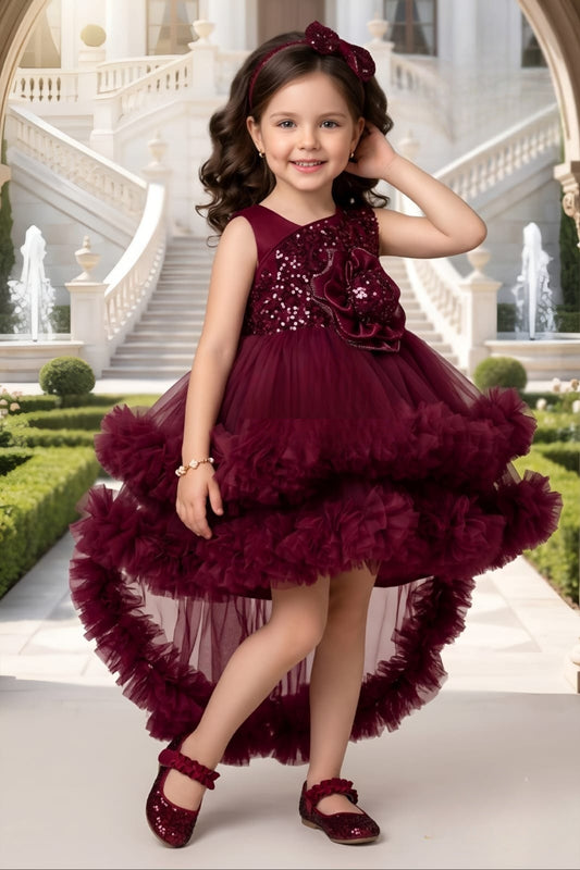 Girls Maroon Designer High-Low Ruffle Party Short Frock | Party Wear Dress For Girls.