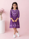 Purple Embroidered A-Line Dress with Bib Front & Full Sleeves | Western Wear For Girls