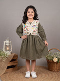 Olive Green Pleated Dress with Embroidered Abstract Vest & Ruffle Sleeves | Western Wear For Girls