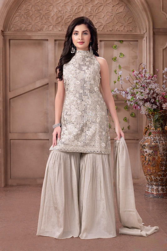 Ivory Cream Embroidered High-Neck Kurti with Flared Sharara & Dupatta | Ethnic Wear For Girls
