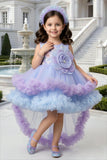 Ferozi Blue & Lavender Floral High-Low Short Frock | Party Wear Dress For Girls