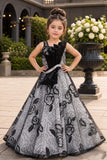 Black & Silver Embroidered Floral Net Gown with Statement Bow | Party Wear For Girls