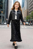 Black Sequin Jacket with Graphic T-Shirt & Sequin Skirt Set | Western Wear For Girls