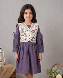 Lavender Pleated Dress with Embroidered Printed Vest & Ruffle Sleeves | Western Wear For Girls