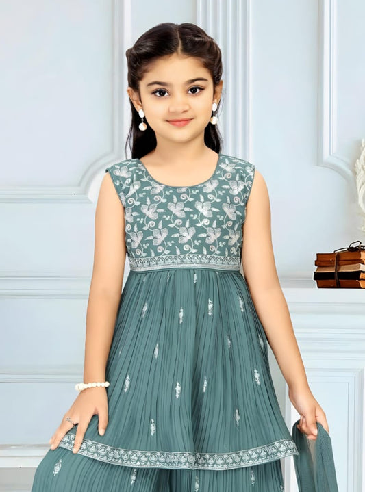 Teal Green Embroidered Layered Kurti with Palazzo Set