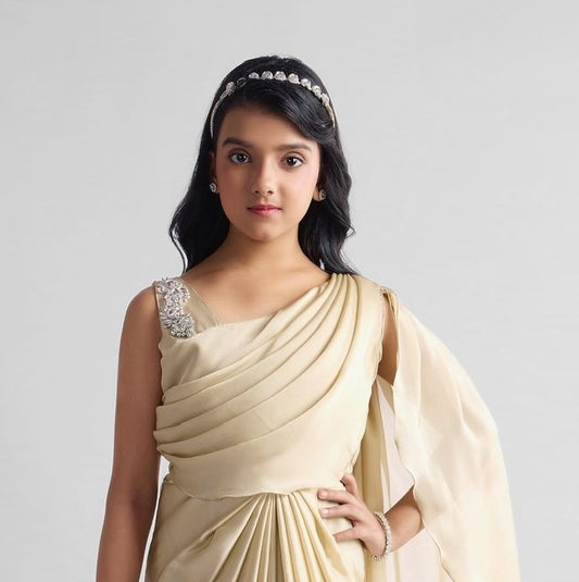 Ivory Gold Draped Saree with Embellished Shoulder