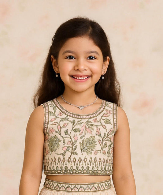 White & Olive Green Embroidered Crop Top with Lehenga Set