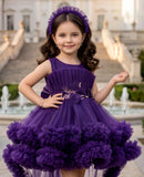 Royal Violet Layered Tulle Princess Short Frock | Party Wear For Girls