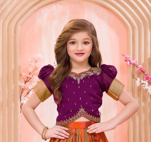 Orange-Gold Banarasi Silk Lehenga with Plum Embroidered Blouse