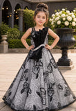 Black & Silver Embroidered Floral Net Gown with Statement Bow | Party Wear For Girls