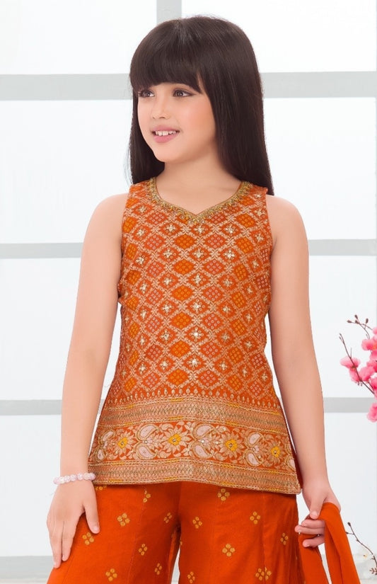Rust Orange Banarasi Print Palazzo Set with Dupatta