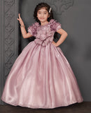 Dusty Rose Princess Ball Gown with Sequin Floral Bow | Party Wear Dress for Girls