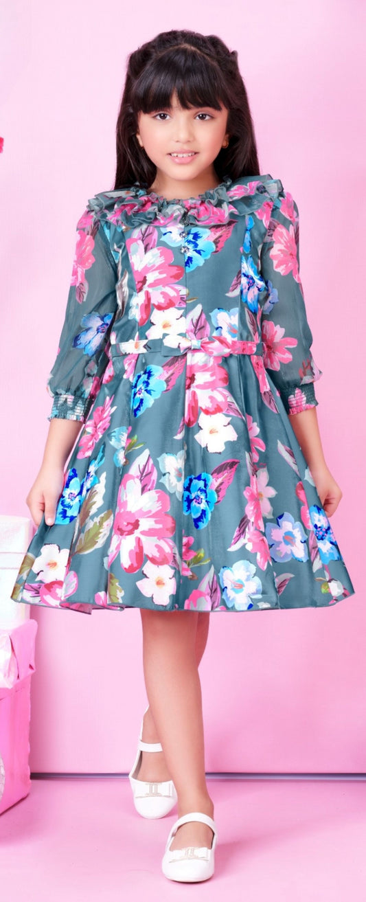 Air Force Blue -Floral Whirl Party Short Frock