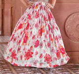 Cream Floral Lehenga with Butterfly & Red-Pink Flower Print