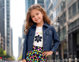 Navy Blue Faux Leather Jacket with Graphic T-Shirt & Multicolor Floral Shorts Set | Western Wear For Girls