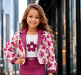 Magenta Floral Bomber Jacket with Graphic T-Shirt & Skirt Set | Western Wear For Girls