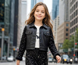 Black Sequin Jacket with Graphic T-Shirt & Sequin Skirt Set | Western Wear For Girls