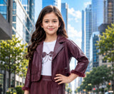 Brown Textured Jacket with Graphic T-Shirt & Long Skirt Set | Western Wear For Girls