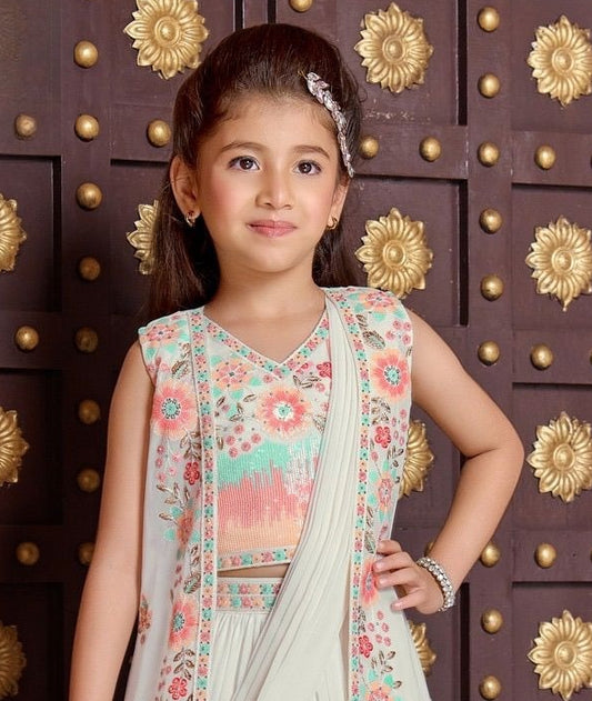 Cream & Multicolour Floral Embroidered Jacket Style Lehenga Set